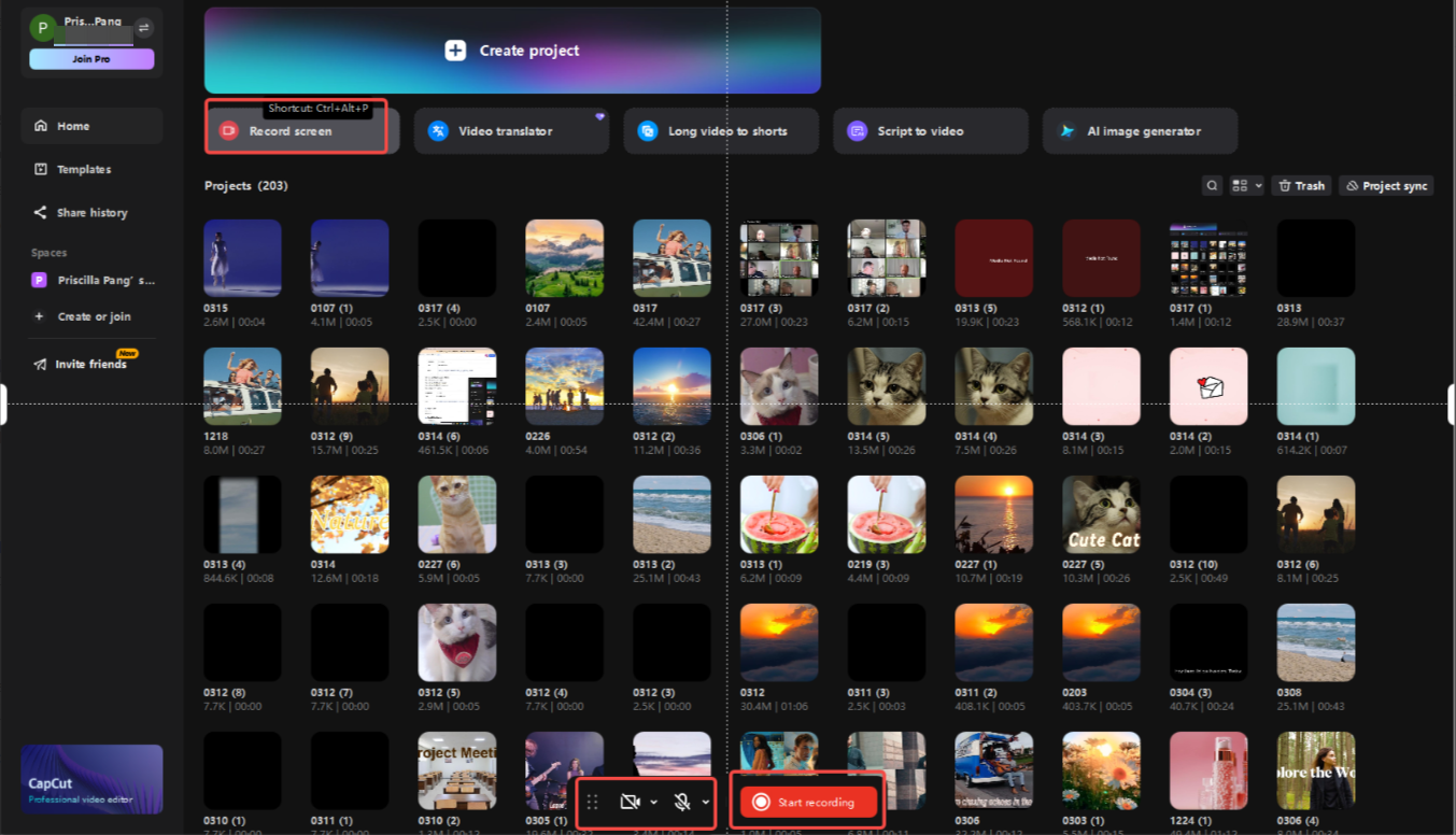 Recording the video in CapCut