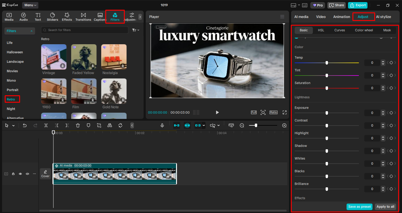 Adjust your AI images in the Capcut desktop video editor