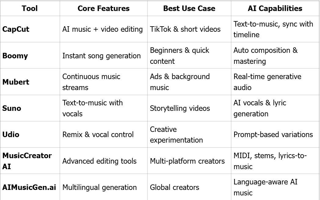 AI Music Generators Comparison Table