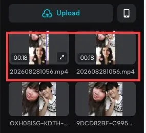 Two duplicate video thumbnails selected in a media library, each showing 00:18 duration