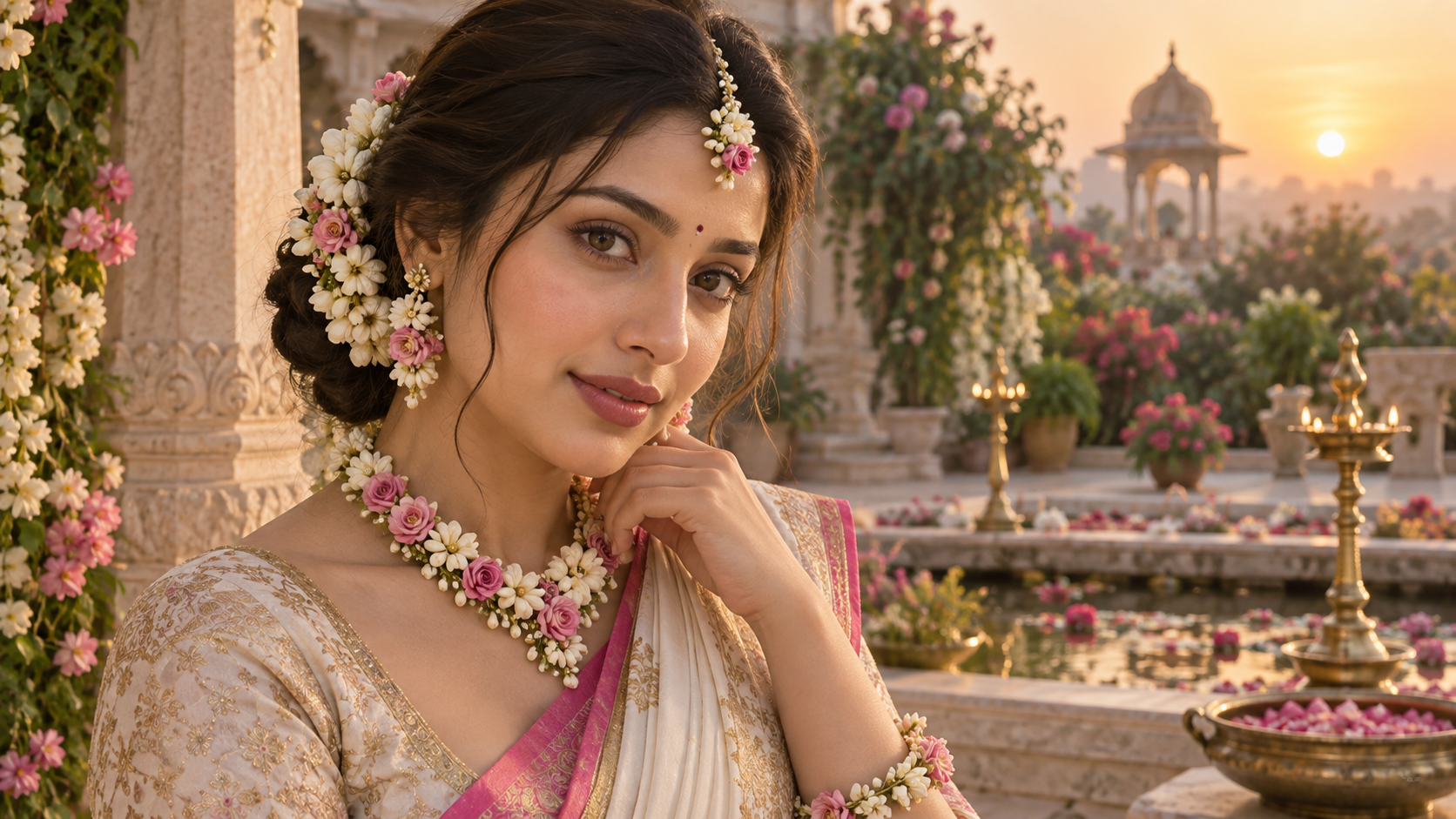 Radha look prompt image — Courtyard blessing frame