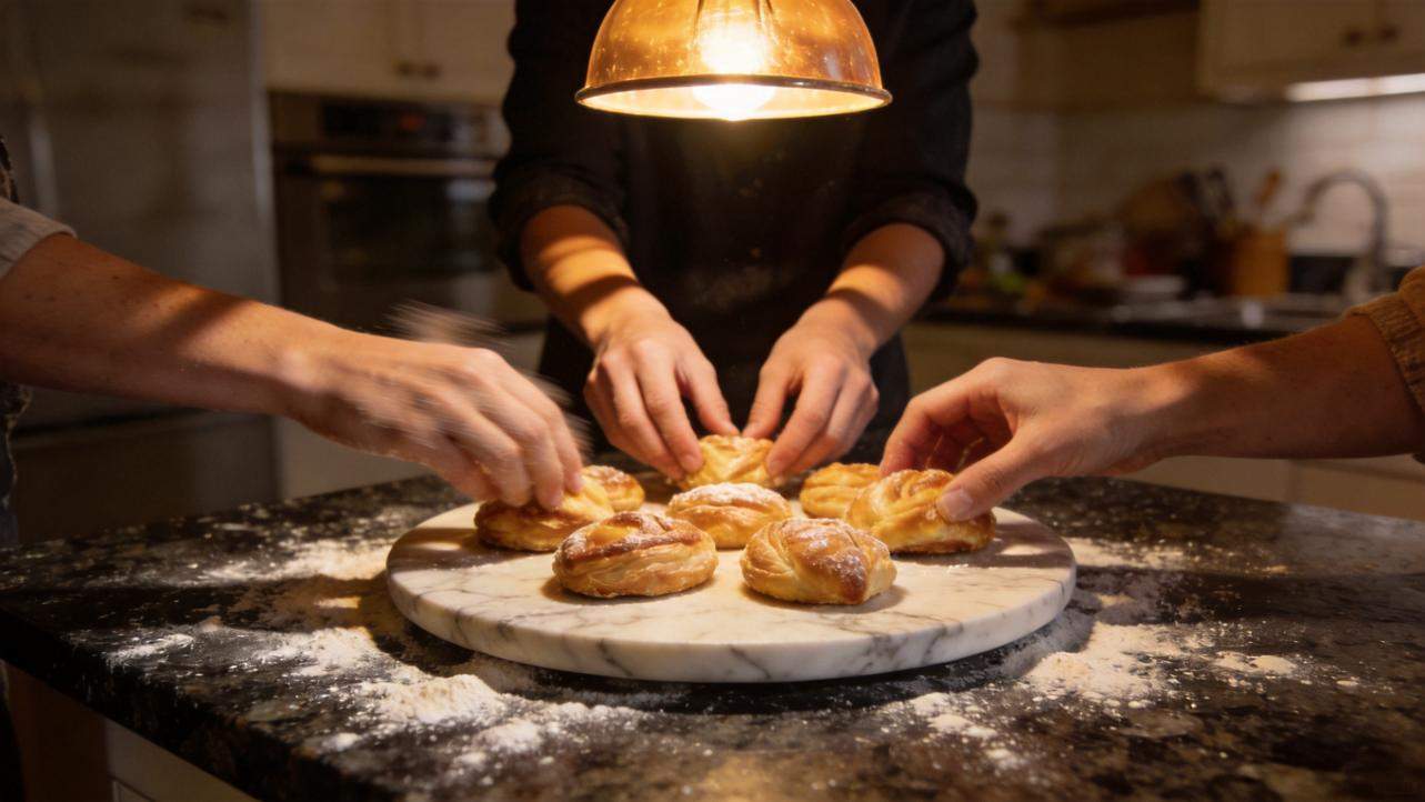 Hands reach for pastries on a marble board under a warm kitchen light.