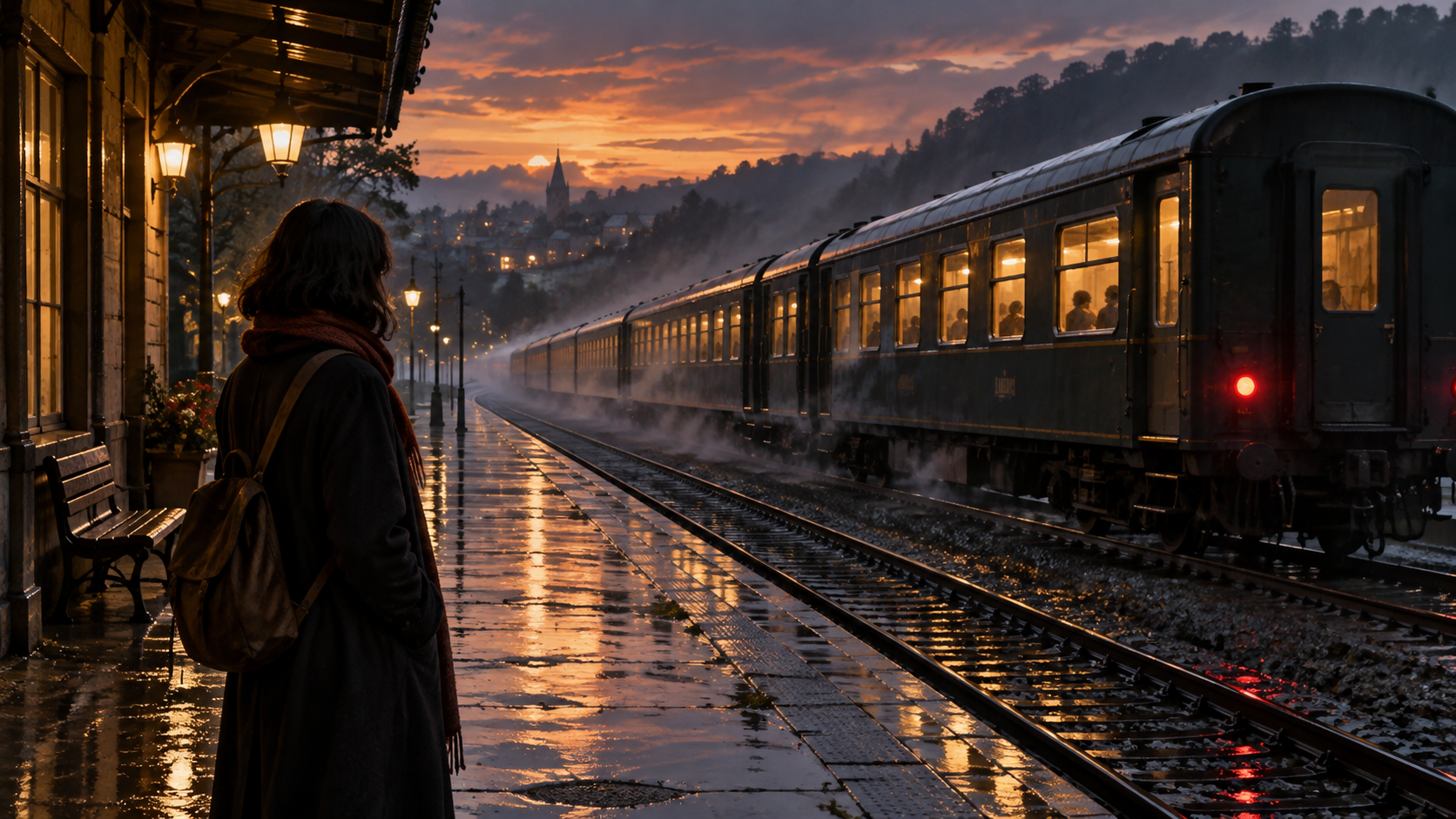 O trem saindo ao anoitecer