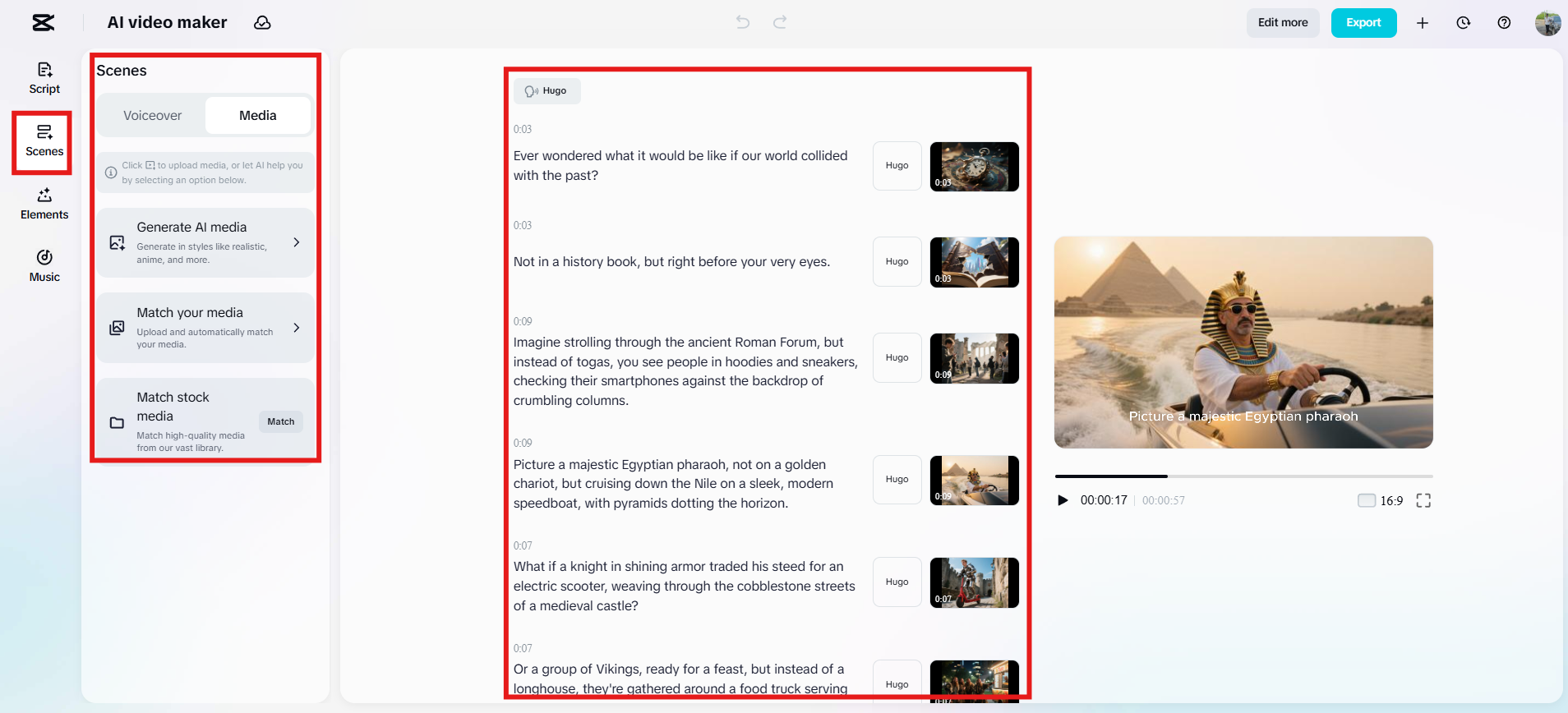 Náhled videa a generování relevantních médií.
