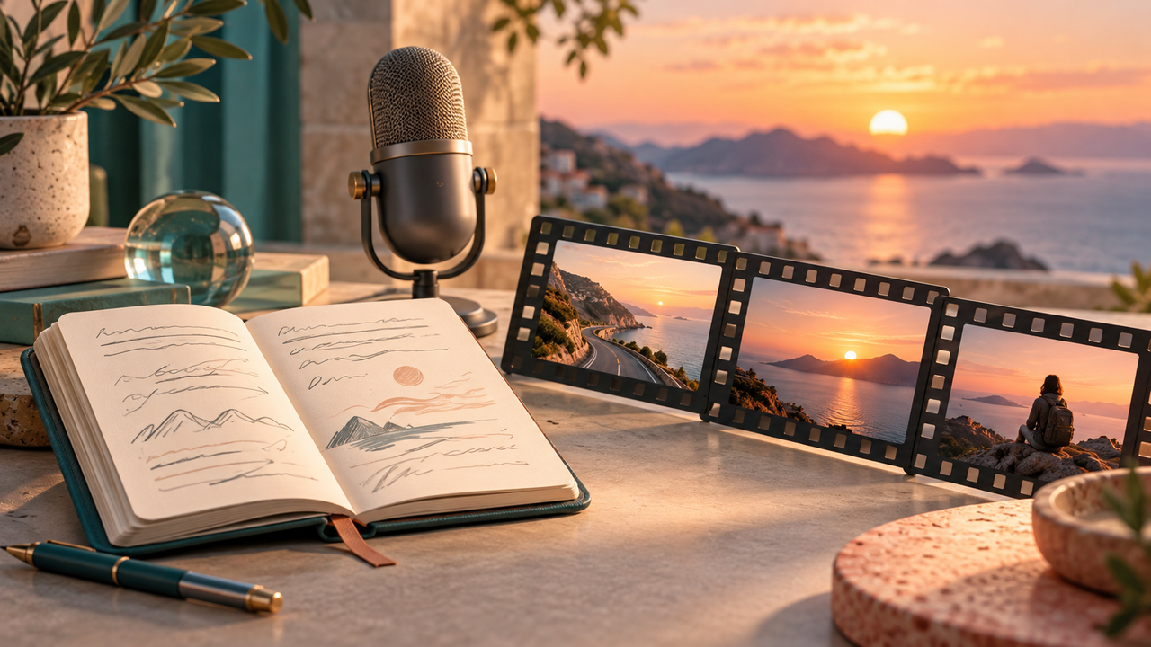 A notebook and microphone beside sunset film frames