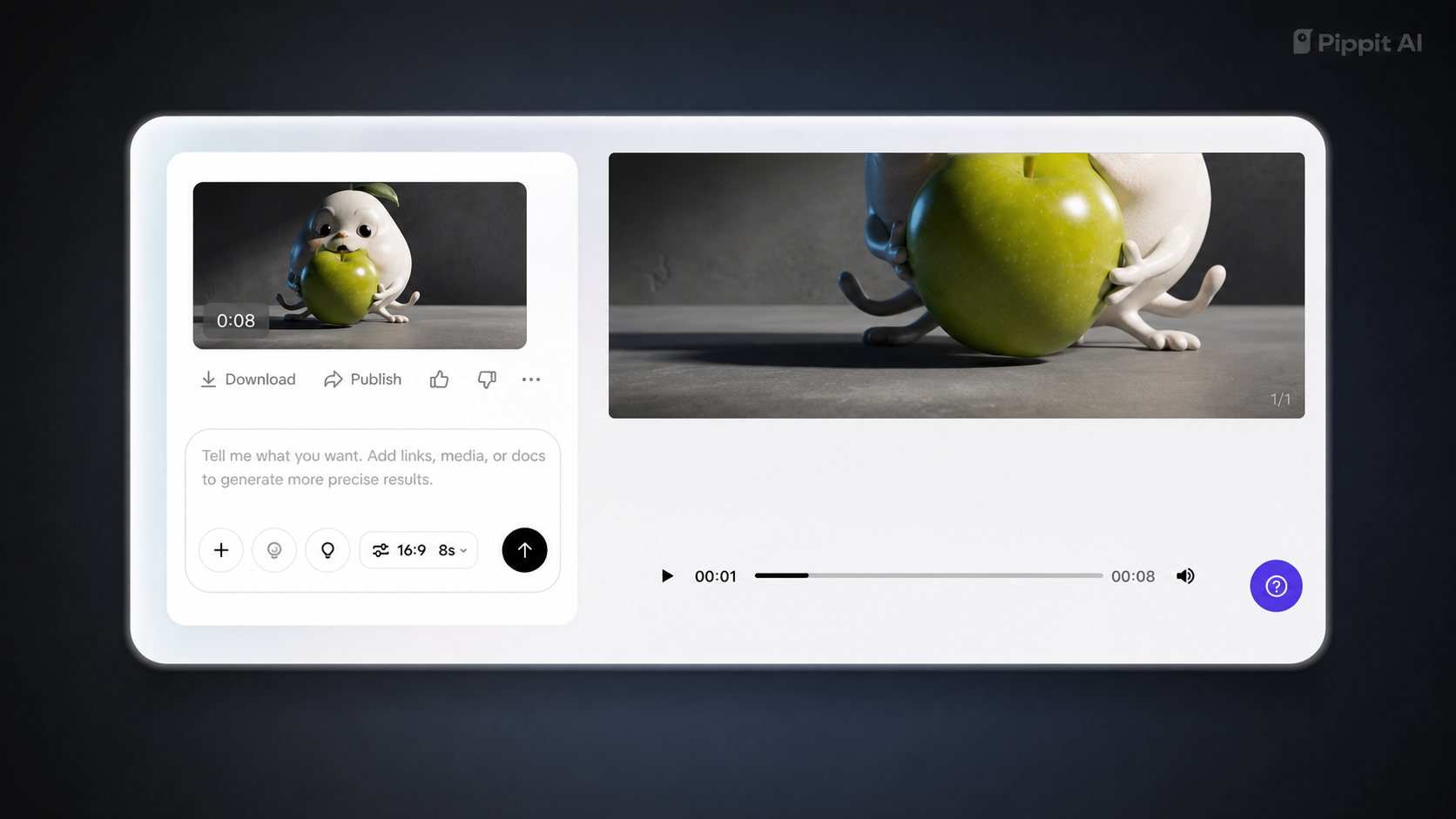 Video editor interface with a slide preview, play bar, and an apple character holding a green apple