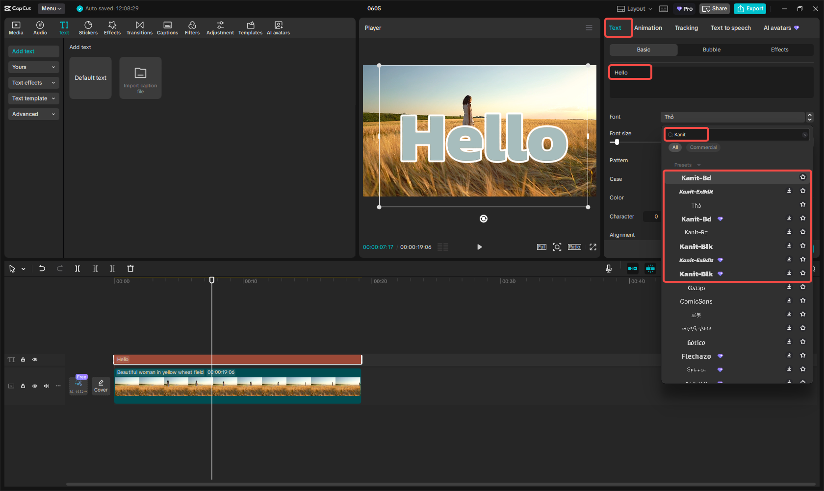 Creating and adding Kanit font text to the video in CapCut