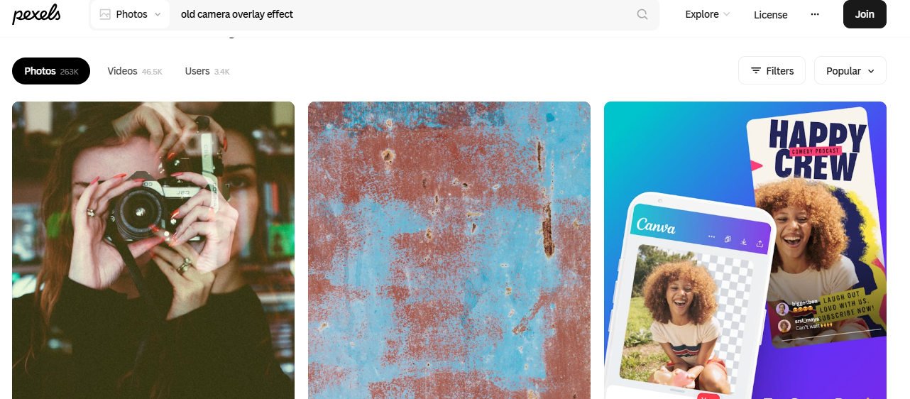 Interface of Pexels - a reliable resource for free vintage camera overlays