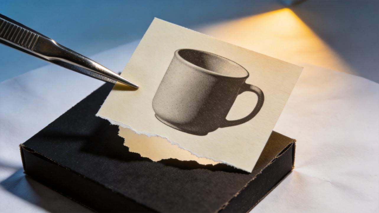 Tweezers hold a printed mug illustration over a black box in warm light