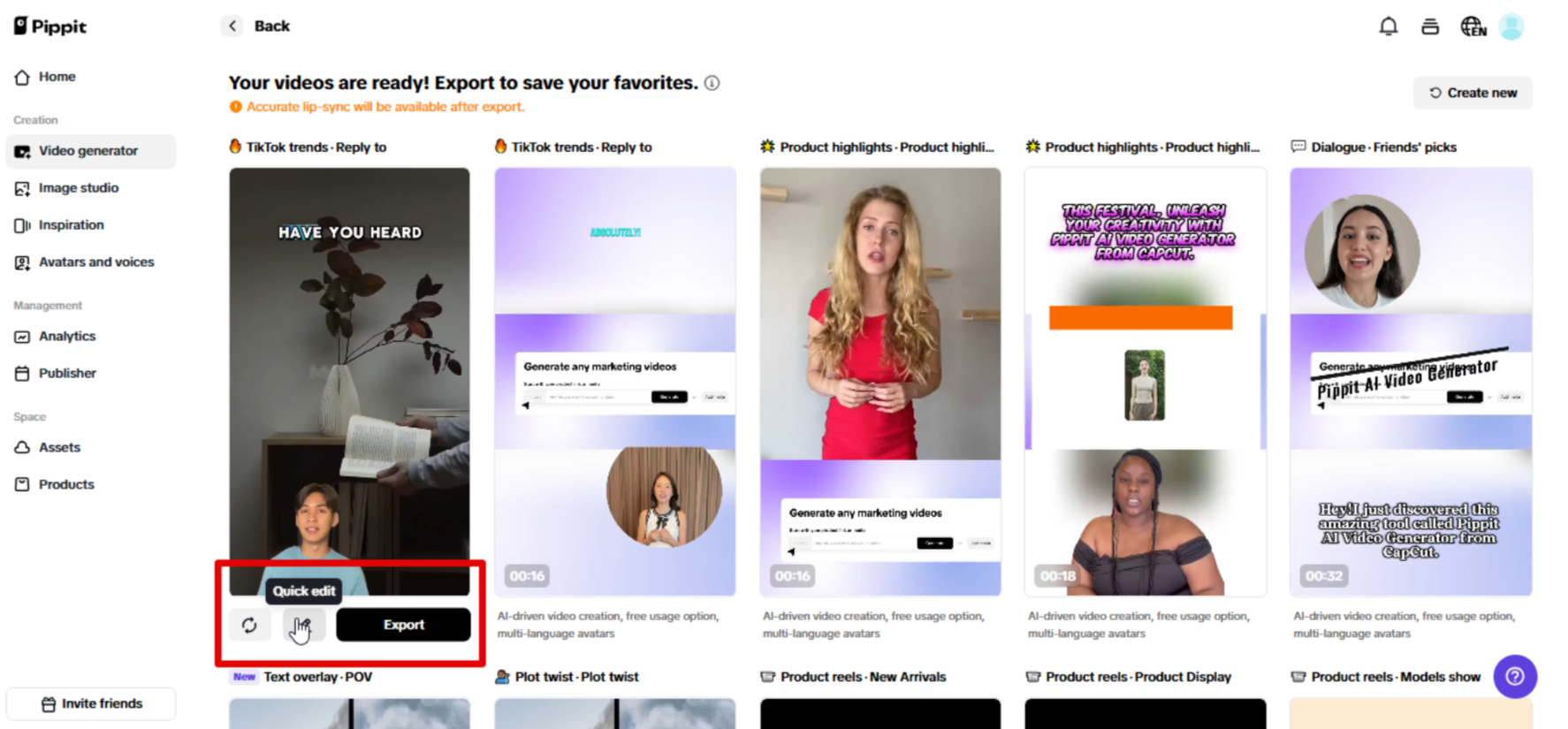 Exporting video from Pippit