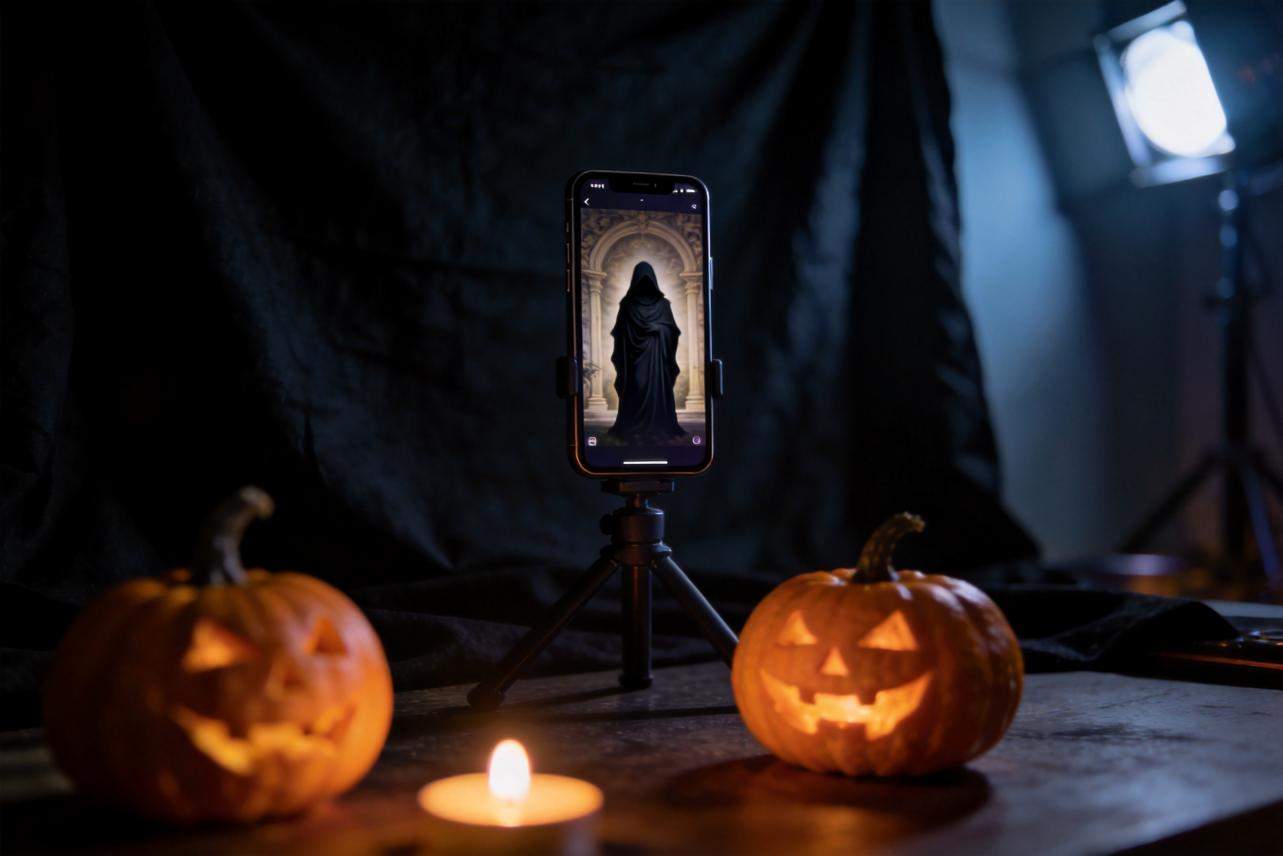 Phone on tripod filming a hooded figure, with glowing jack-o'-lanterns and a candle