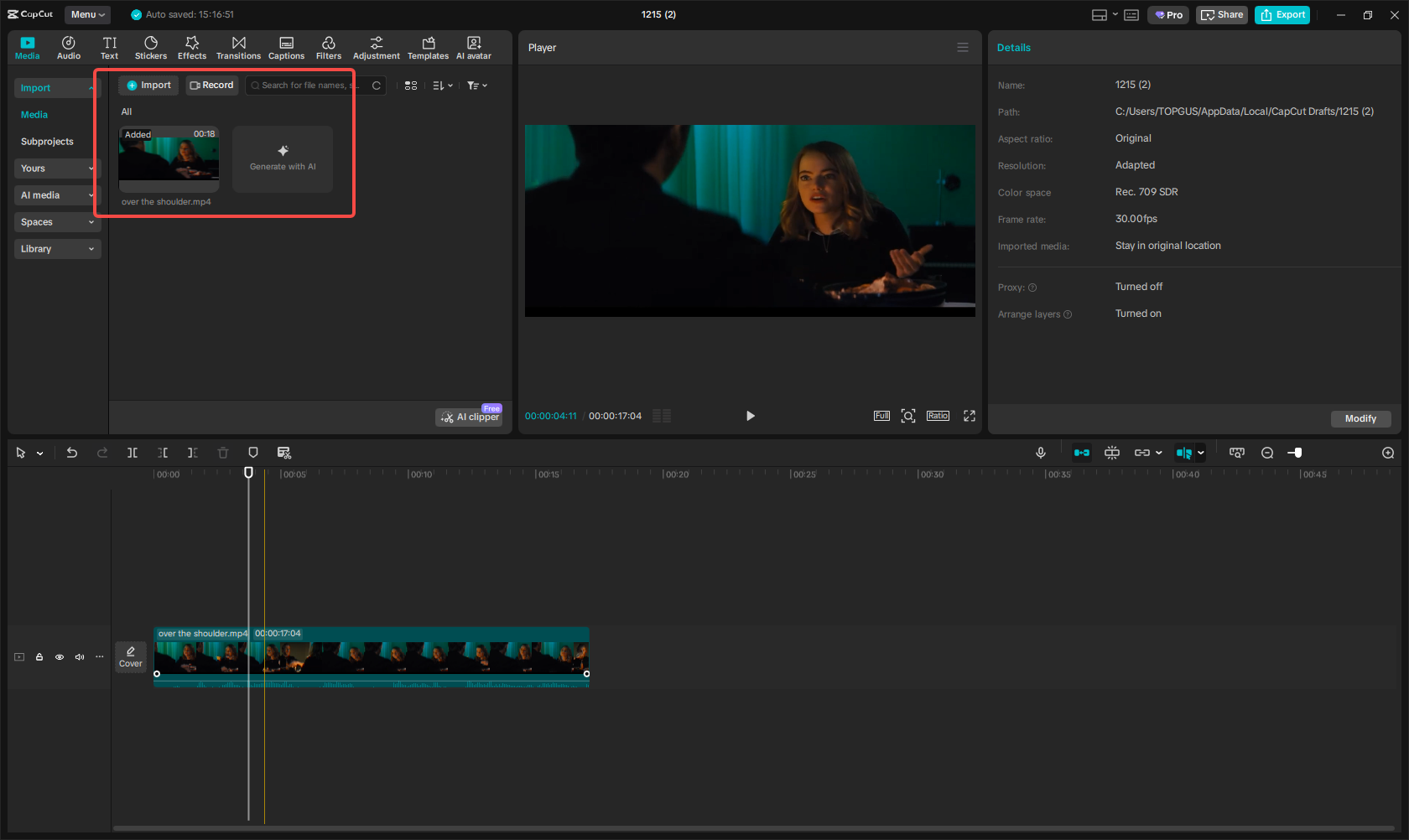Launch CapCut and add your over-the-shoulder video