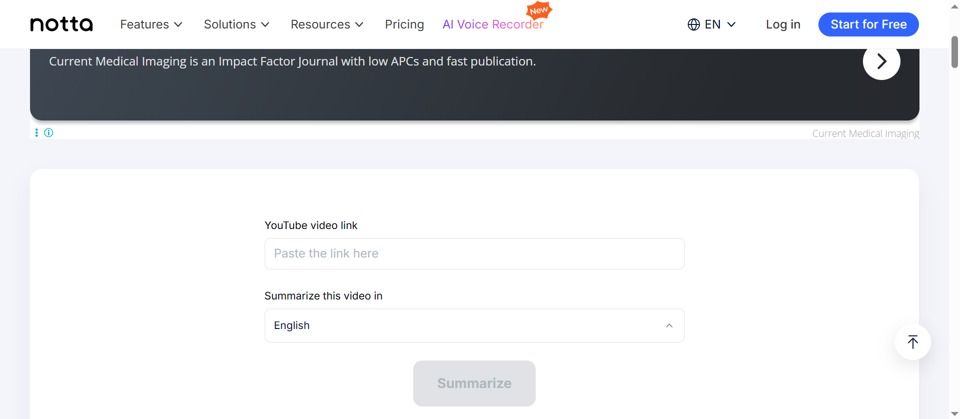 Interface von Notta - ein zuverlässiger YouTube-Videozusammenfasser für verschiedene Projekte