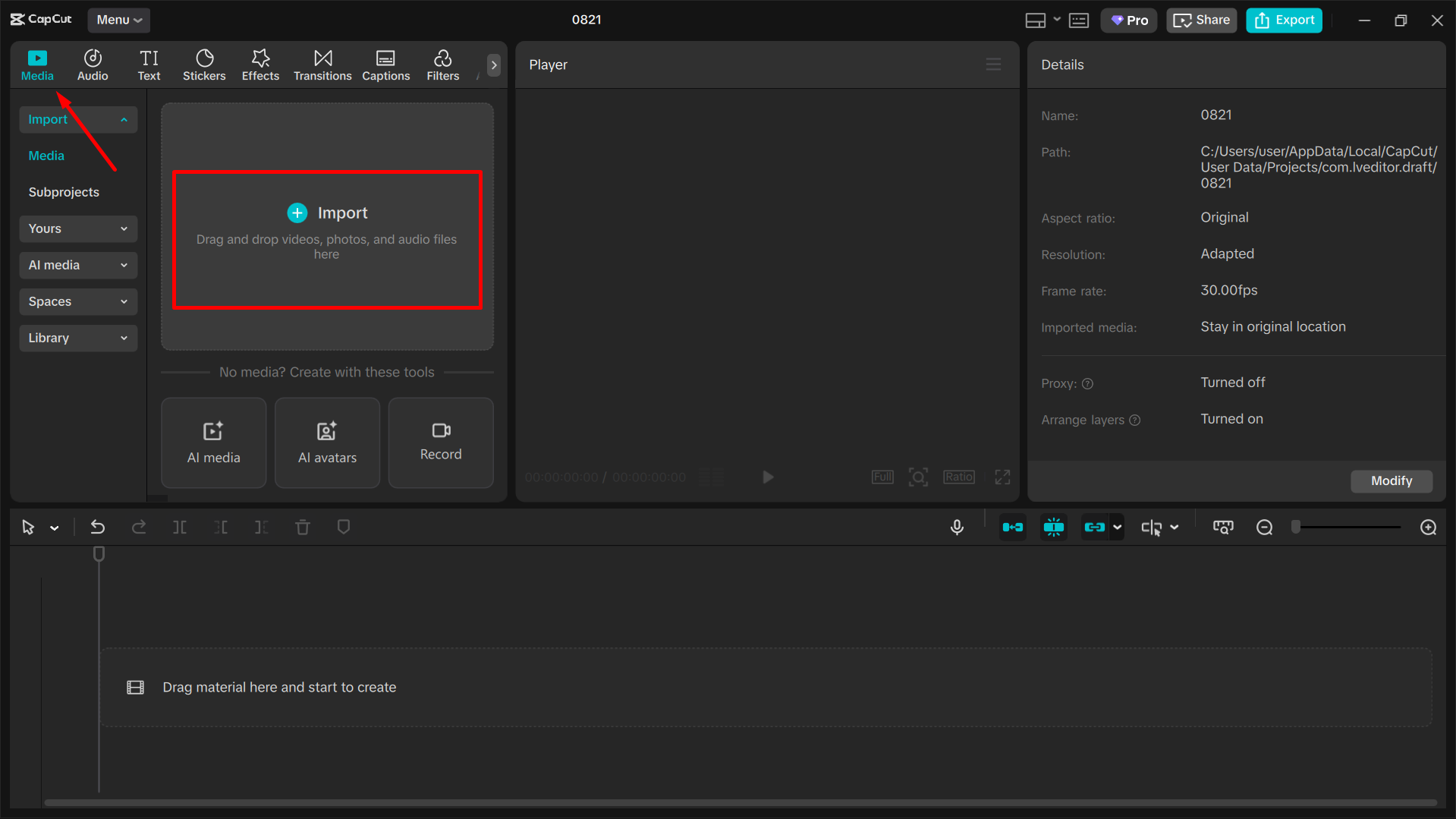 Importing an image into the CapCut desktop video editor