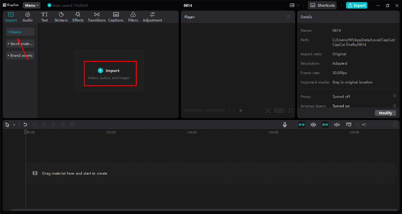 CapCut desktop import workspace with an empty media area and a visible Import button.