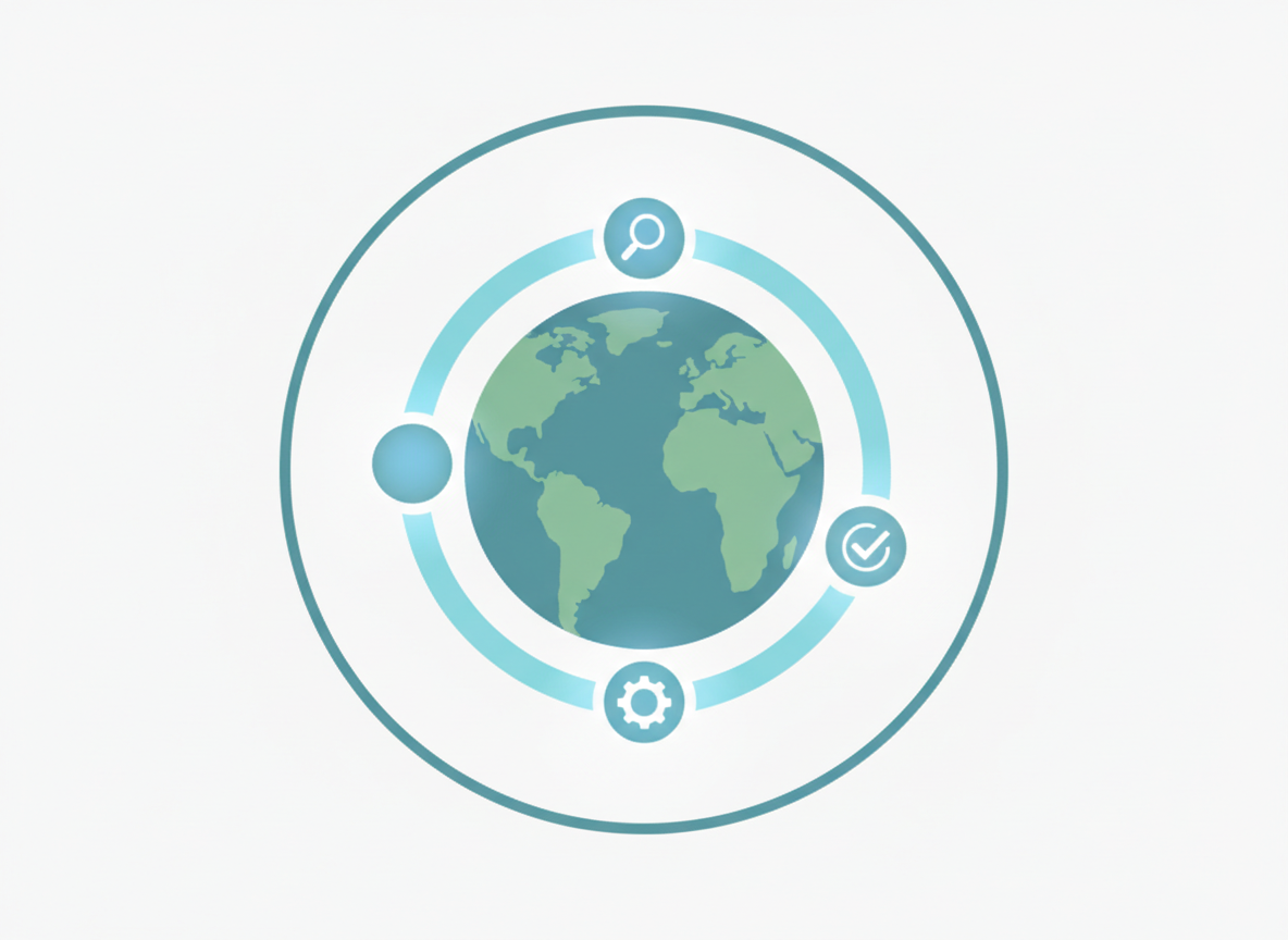 Simple workflow for global users—globe with step nodes and a smooth path arrow.