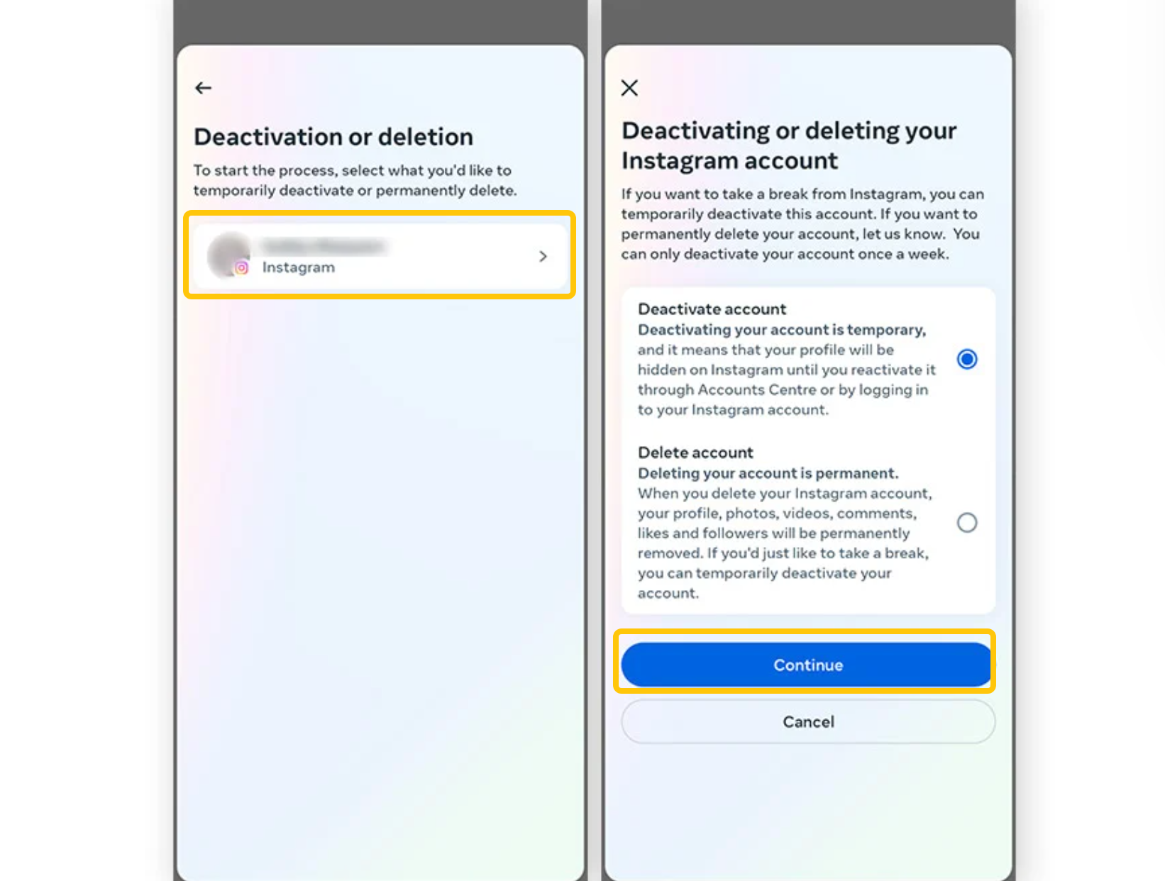 Showing how to permanently delete an Instagram account