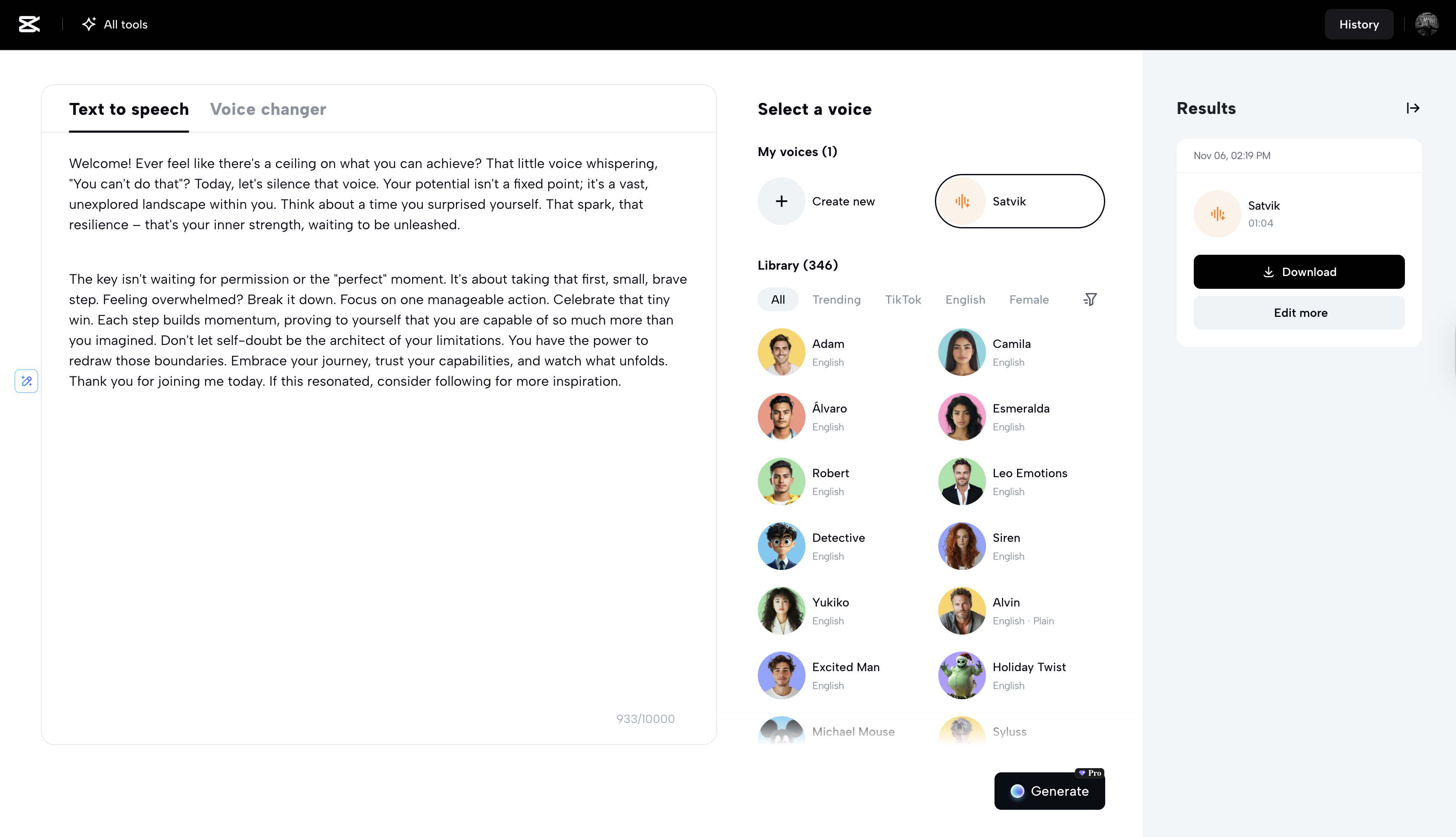 CapCut online AI voice cloner interface