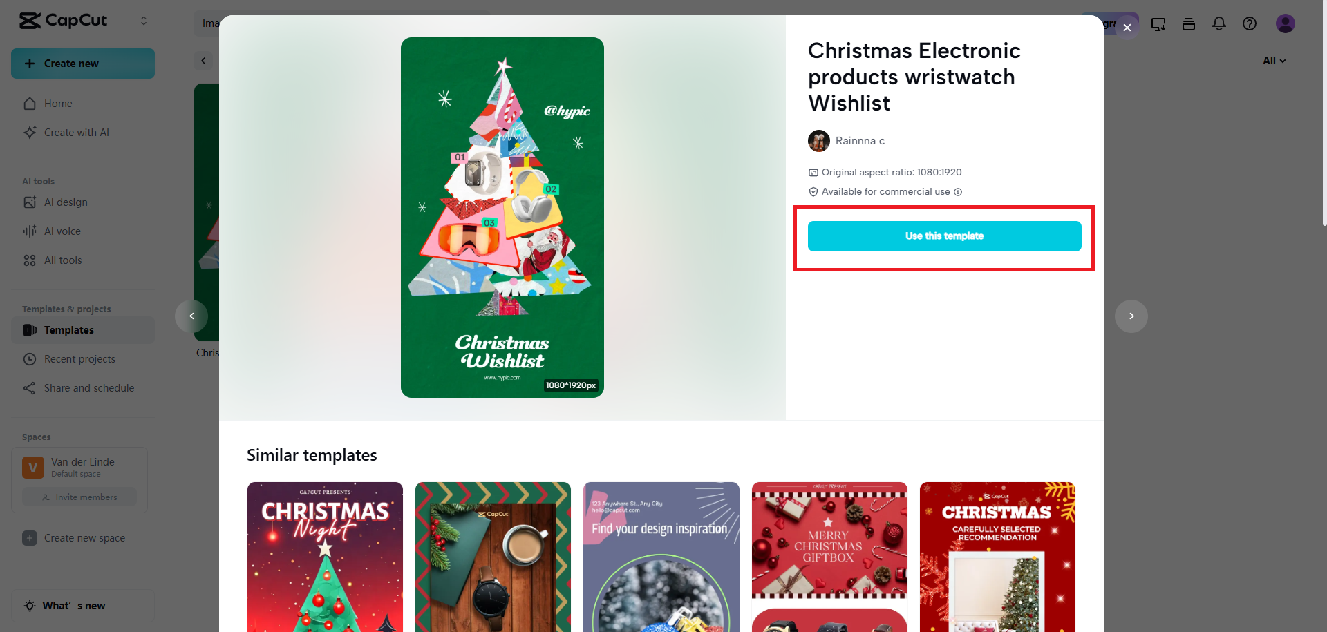 Search and select your template