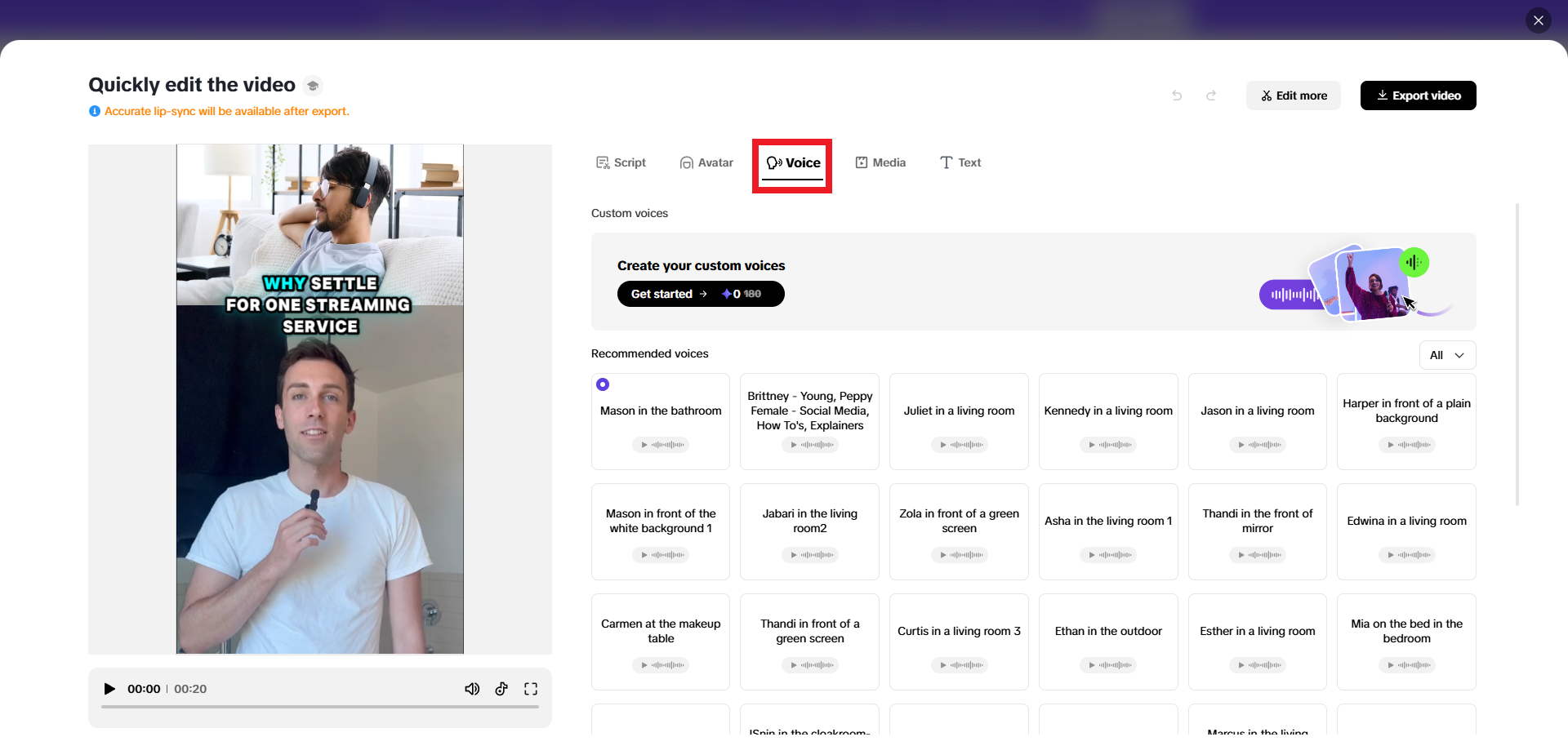 Diverse voiceover options and AI-based captions