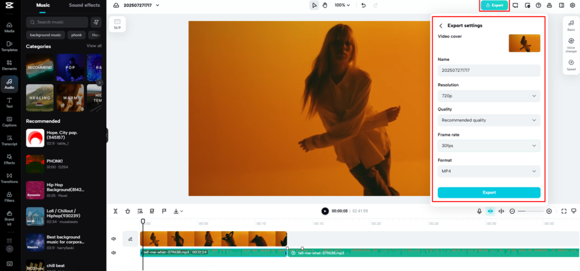 Export der zusammengeführten Audiodatei aus CapCut Web