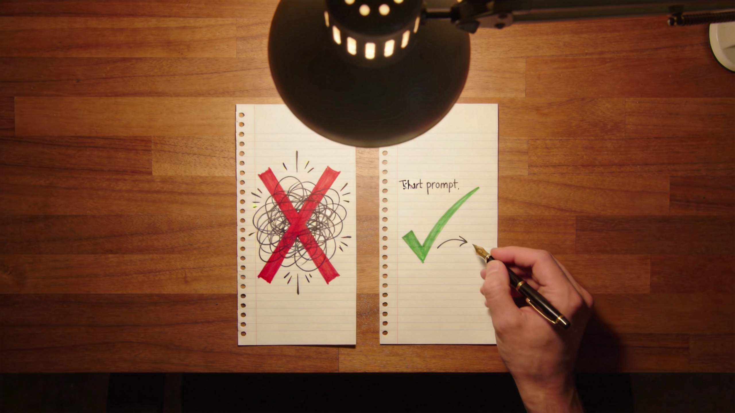 Two notepad pages under a desk lamp, one crossed out and one marked with a green check and "Start prompt"