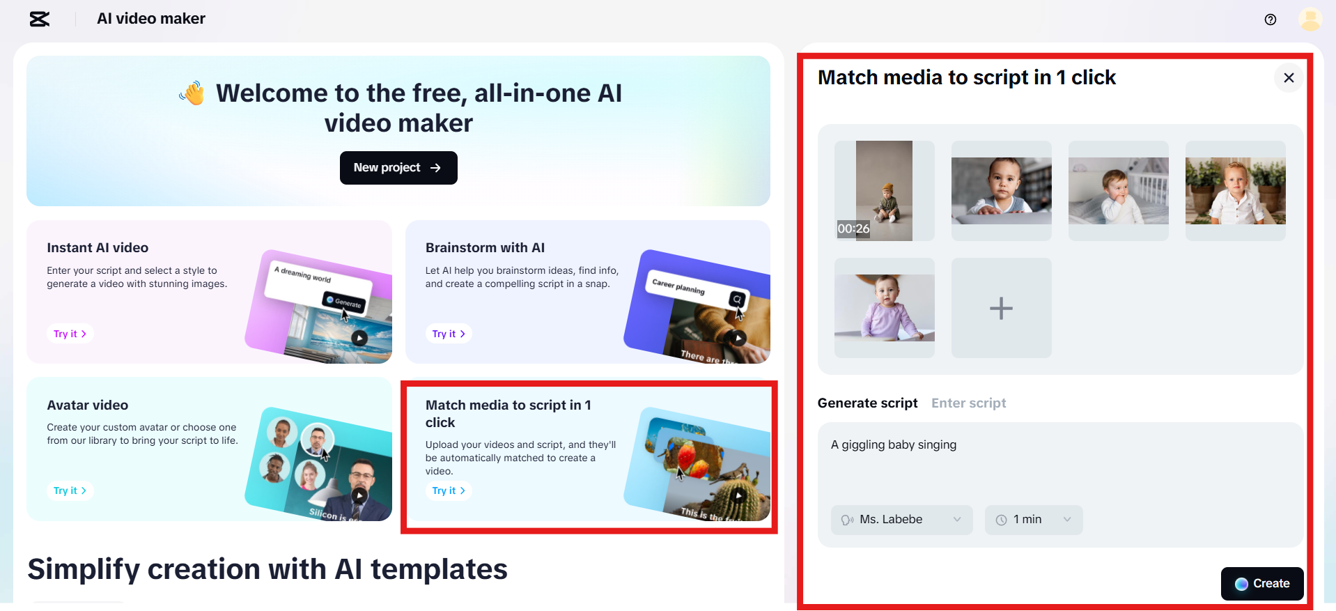 Upload media, script and generate video