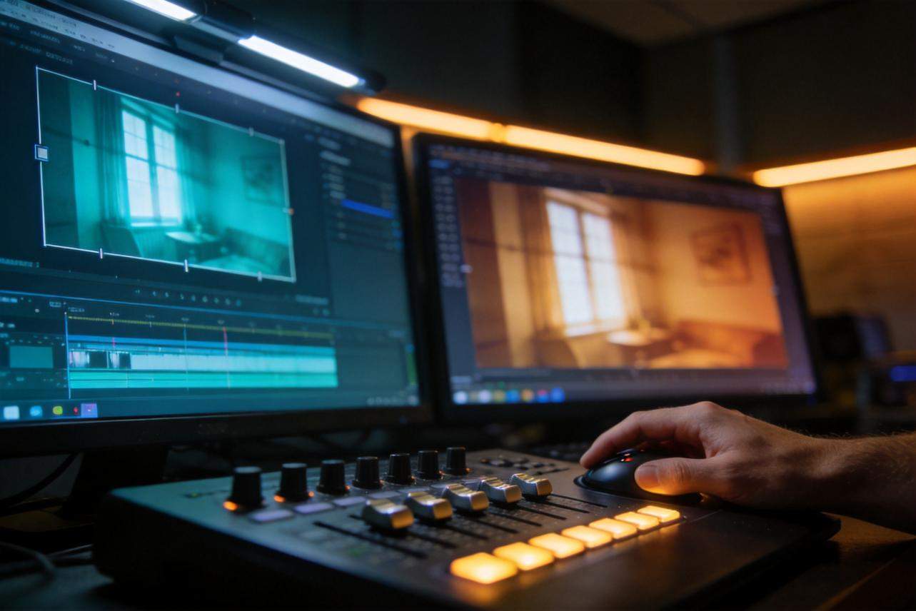 Dual monitors show a video editor adjusting color grade, with a control panel and mouse in hand