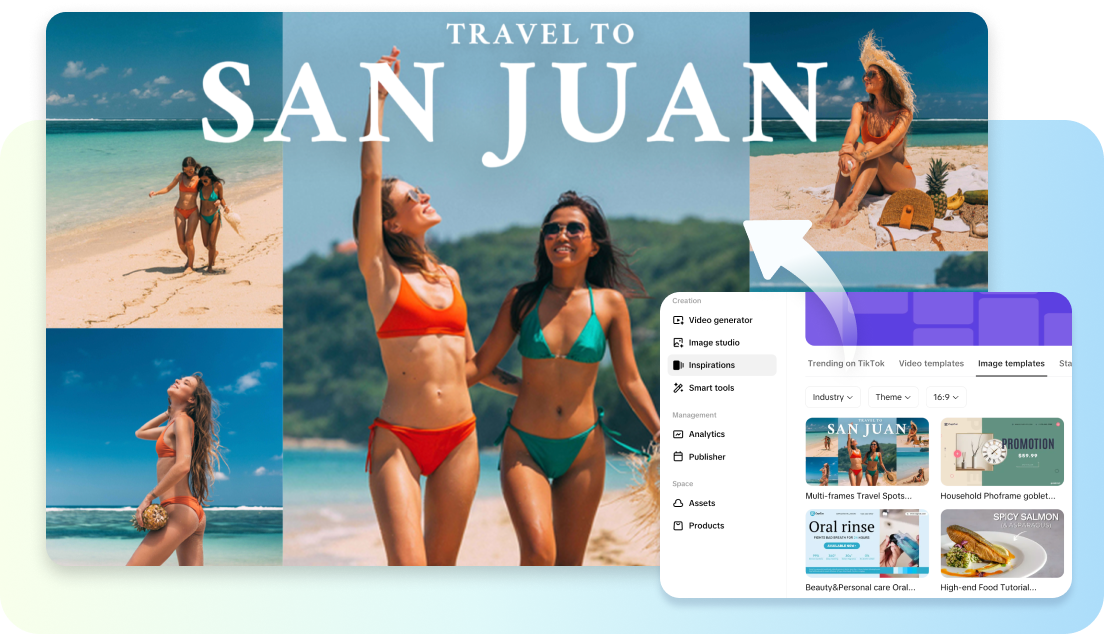 description=An image being edited in Pippit. The original product image is on a plain background, and the user is selecting a lifestyle kitchen scene from the 'AI Background' templates.