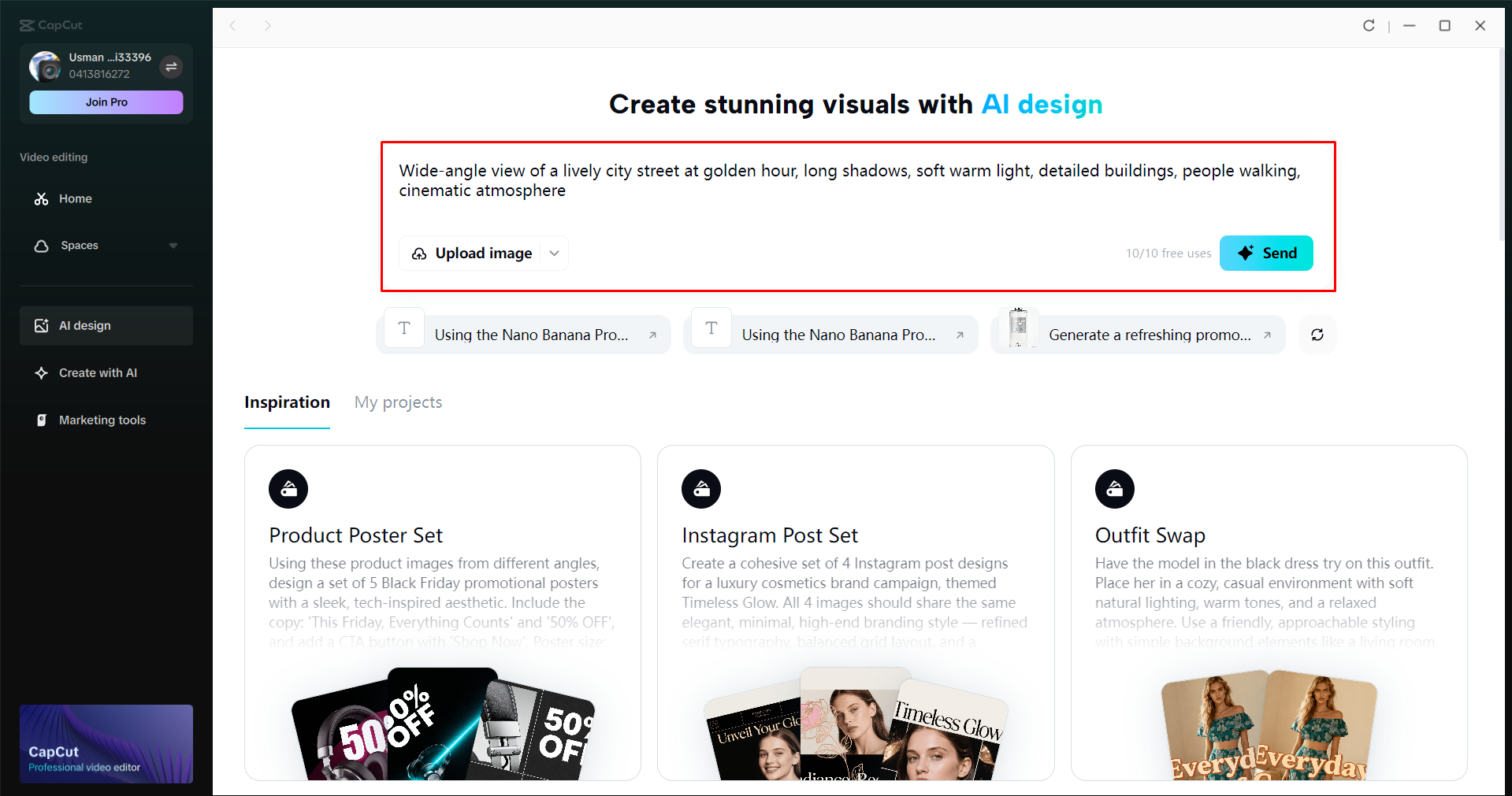 Accessing the AI design tool in the CapCut desktop video editor