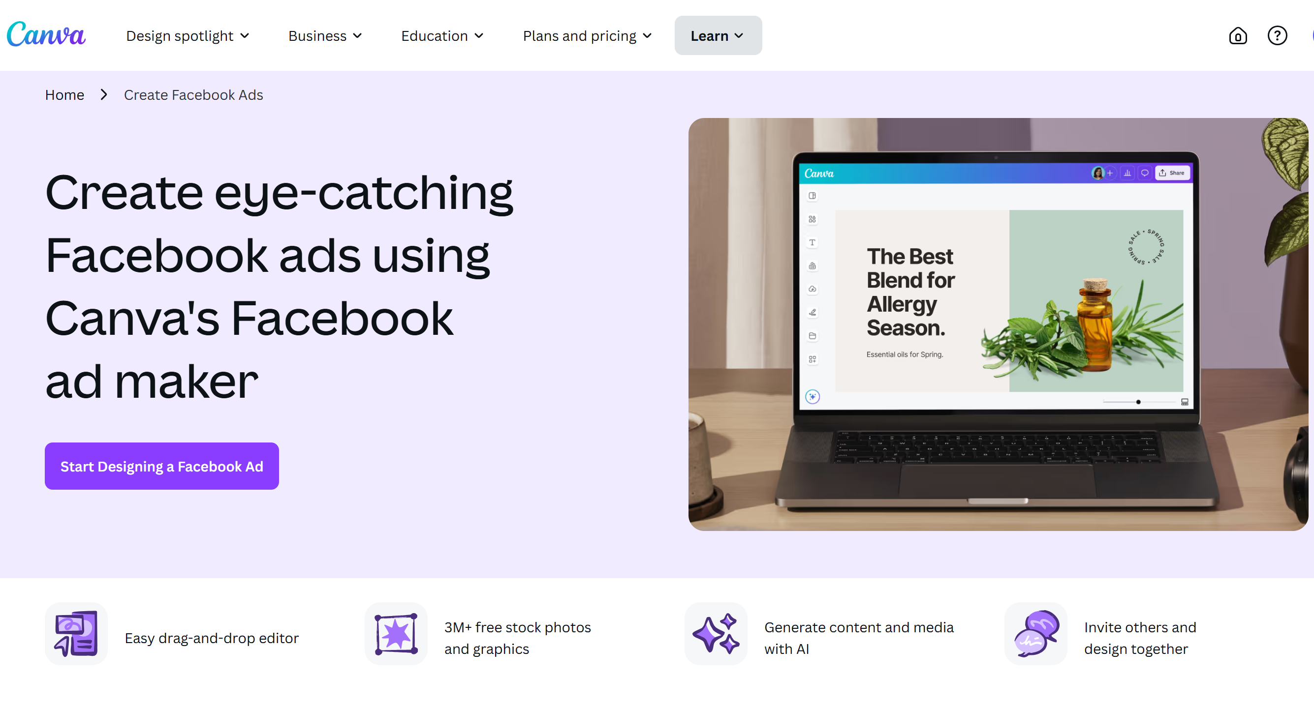 Interface of Canva - an easy to use Facebook ad creator