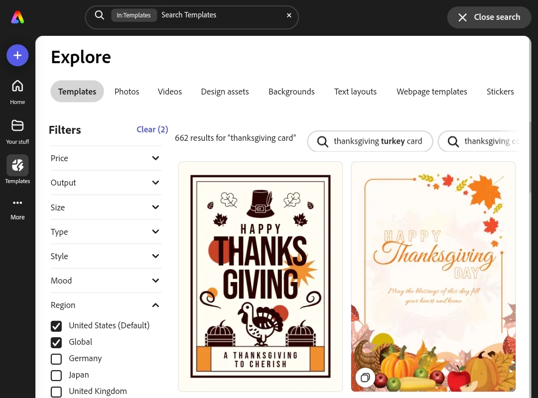 Adobe Express for editing happy Thanksgiving cards for free