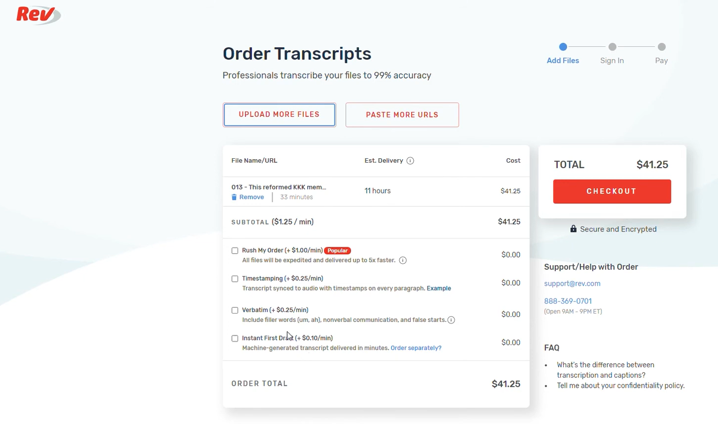 Interface of Rev - the perfect way to convert podcast audio to text