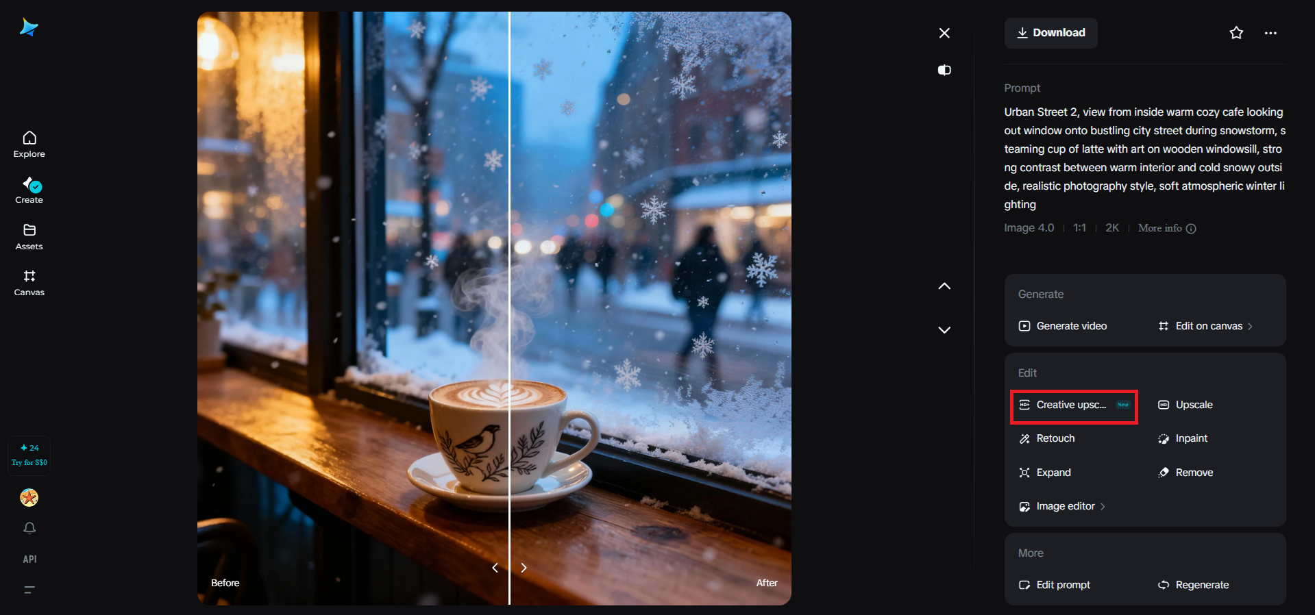 Creative upscale feature in Dreamina