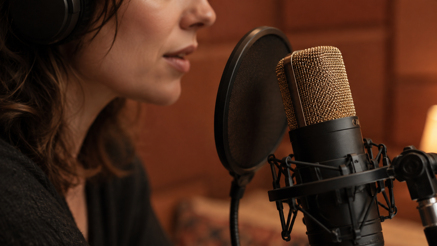 Narrator speaking at a short distance from a studio microphone