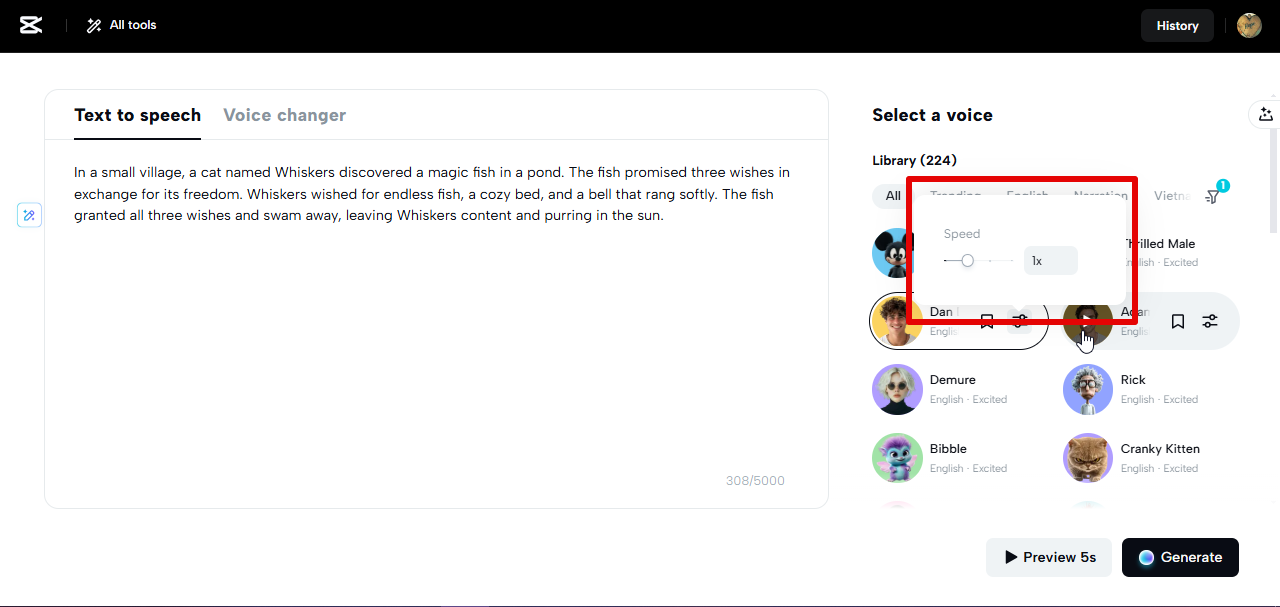 CapCut Web voice customization options