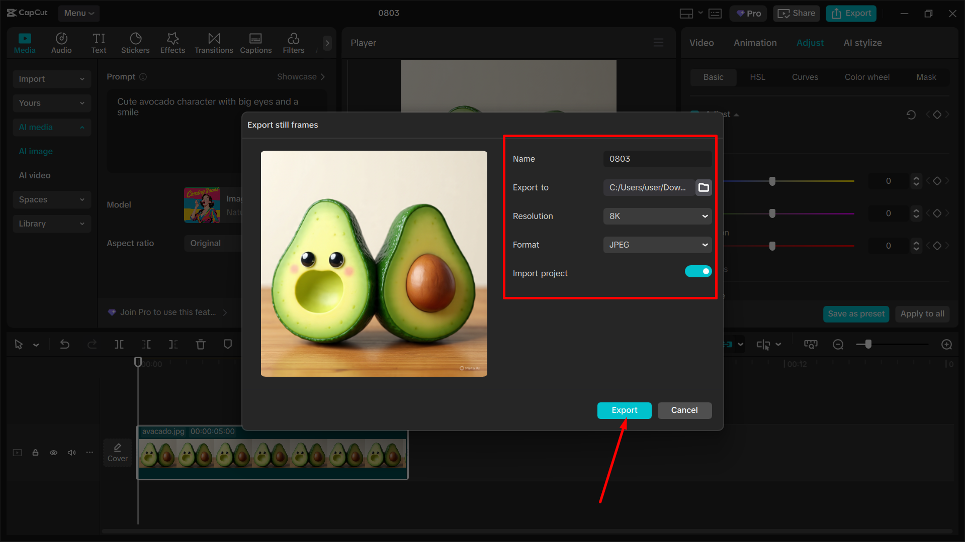 Downloading the final image from the CapCut desktop video editor