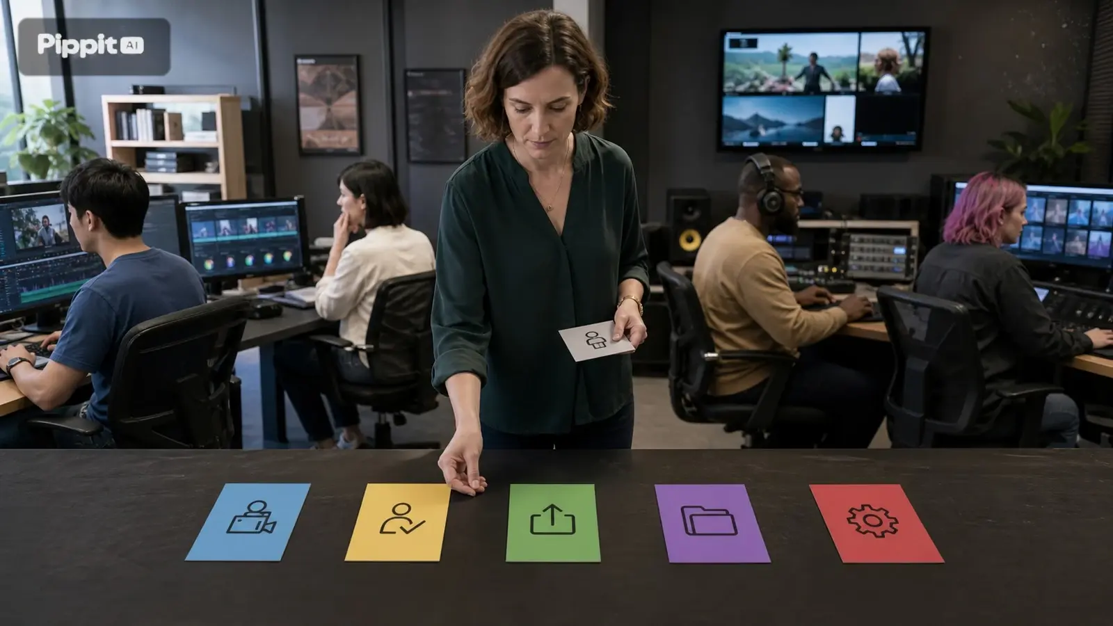 Team in a video editing room, with a woman selecting role cards on a table