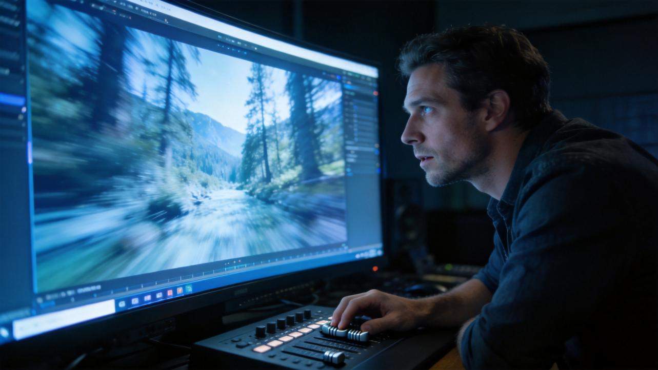 Man editing a blurred forest video on a large monitor at a control console