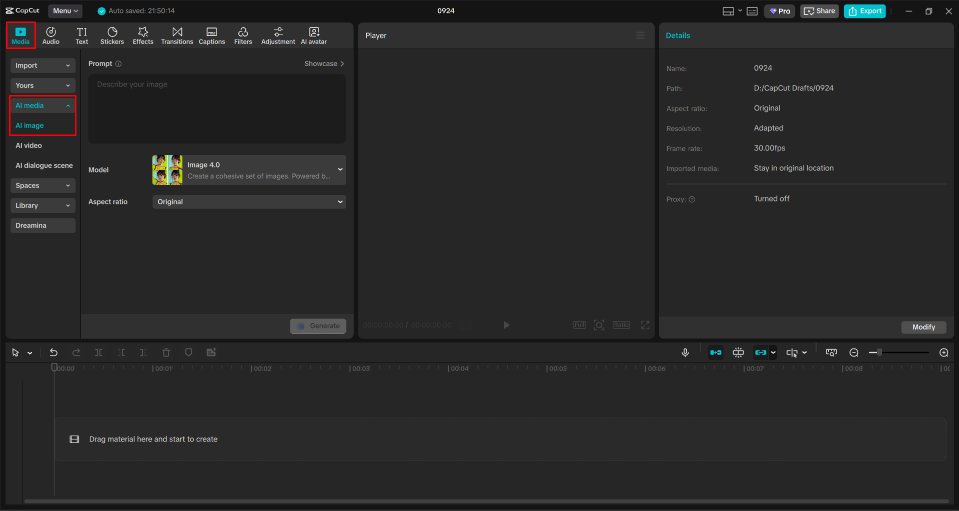Opening the AI image tool in the CapCut desktop video editor