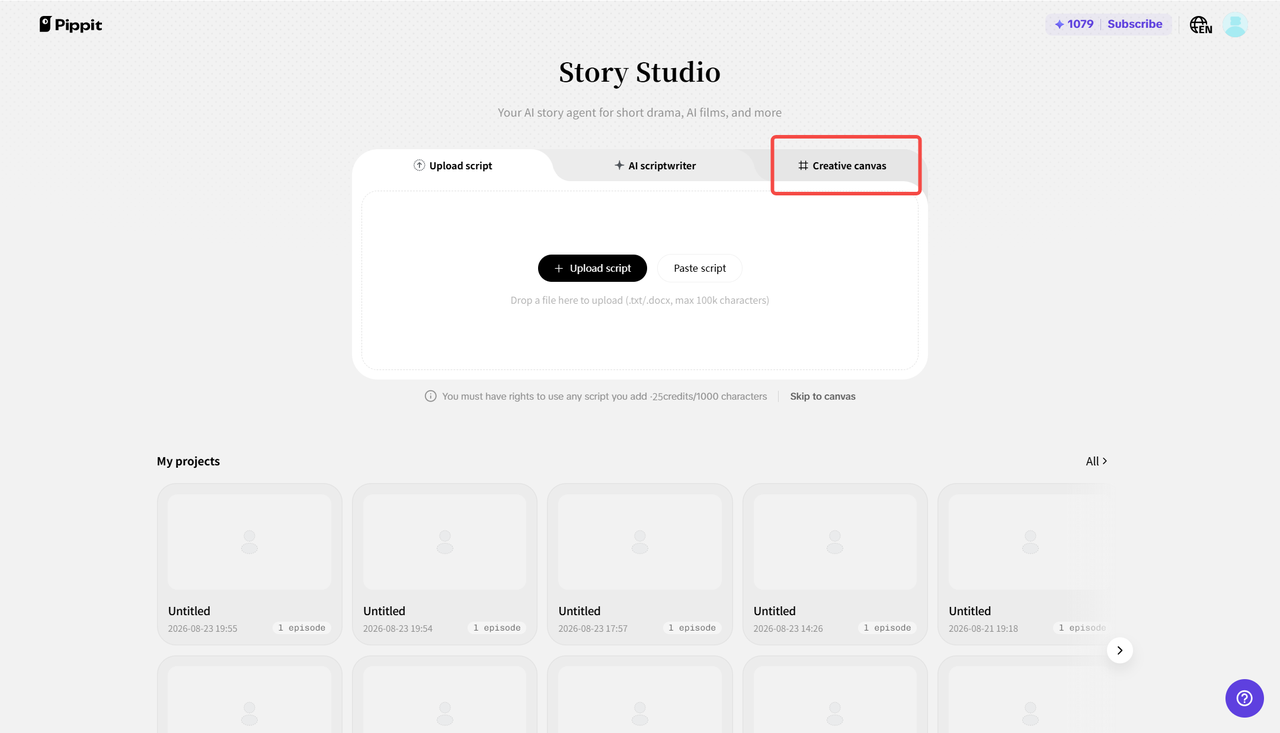 Accessing the Creative canvas in Pippit Story Studio