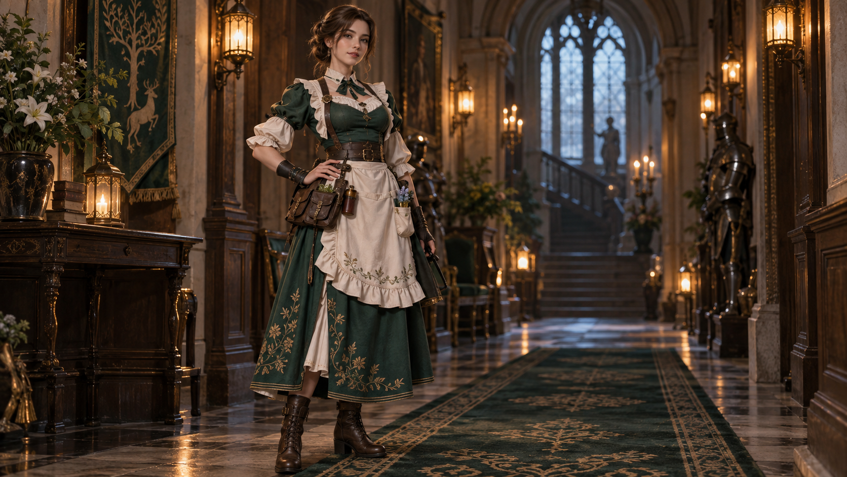 AI hizmetçi elbise istemleri: Zümrüt Fantasy Manor Kıyafeti