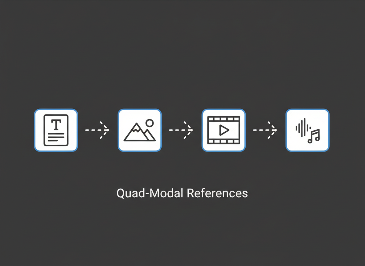 Graphic — pipeline of text, image, video, and audio icons.