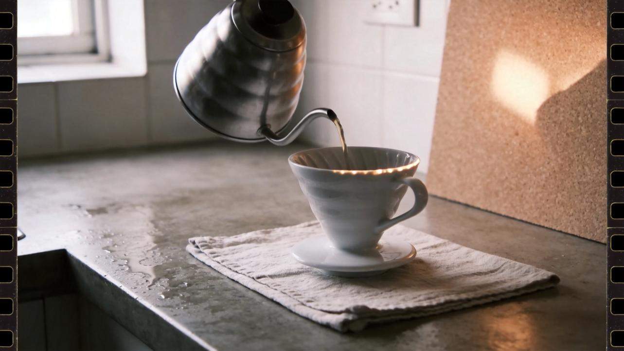 Coffee pours from a black kettle into a white cup on a folded cloth