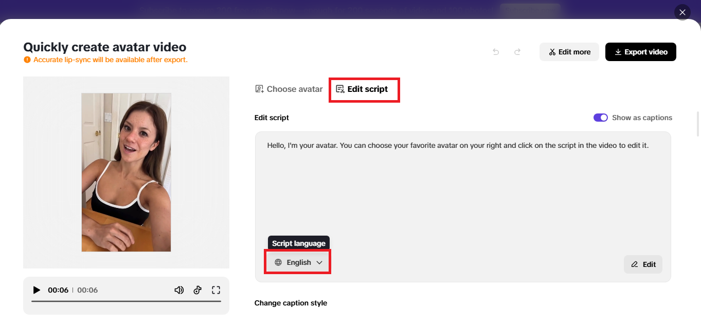Edit script options with language choices.