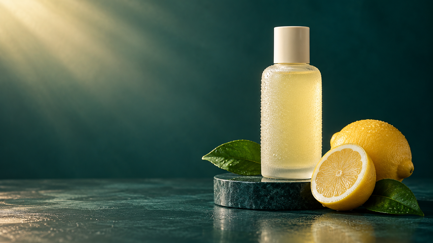 Unbranded pale-yellow bottle with lemons on a dark teal product pedestal