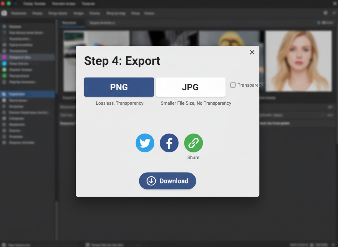 Hakbang 4: I-export ang PNG / JPG na may transparency at mga opsyon sa pagbabahagi