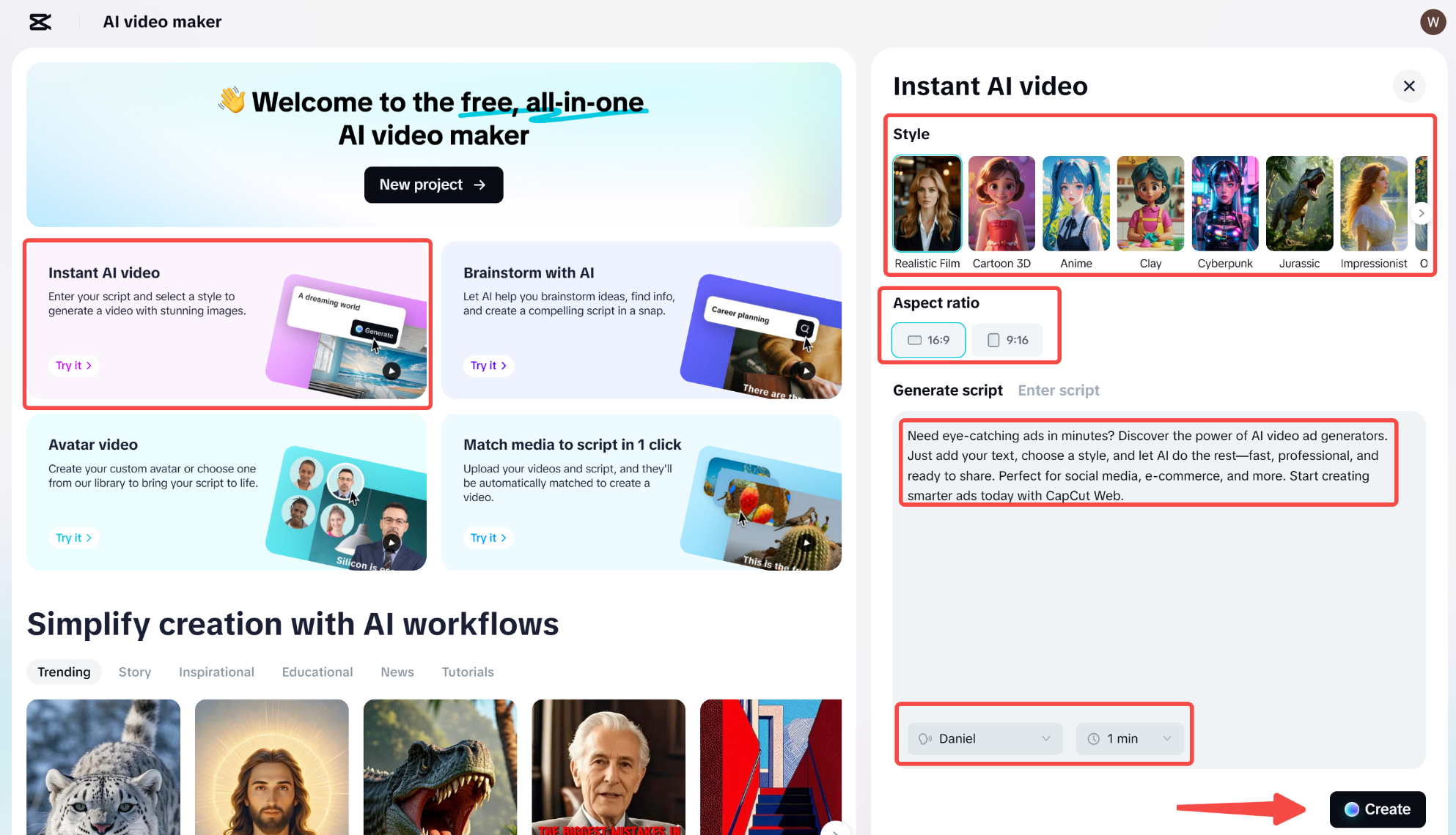 Generating a script and video in CapCut's AI video maker tool