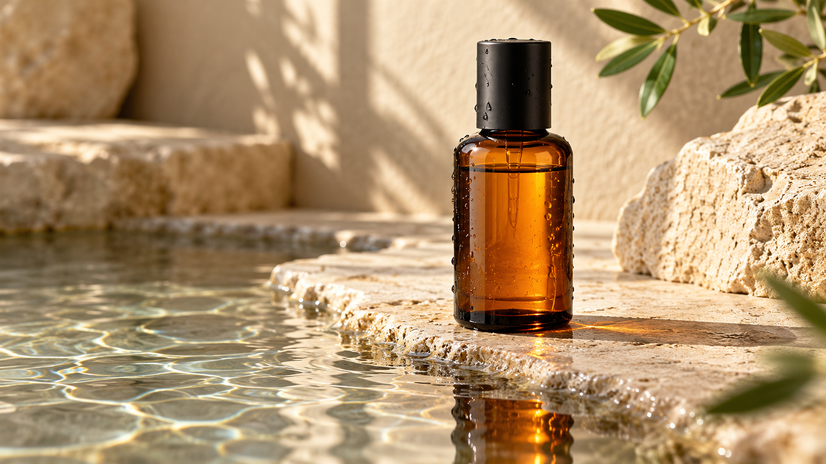 realistische AI beelden maken: Amber fles met echte reflecties