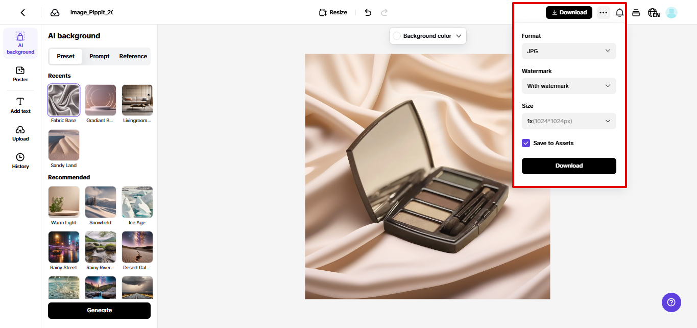 Exporting product photo from Pippit